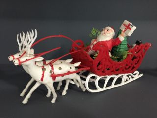 Vintage 50’s Plastic Santa In Felt Flocked Sleigh Reindeer And Snowman