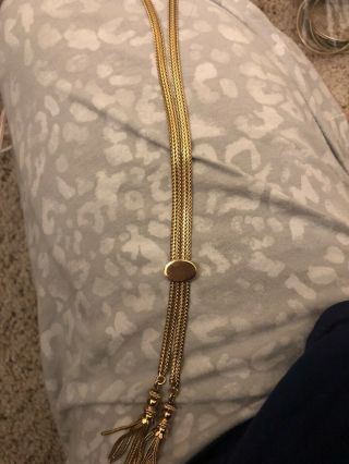 4011 Vintage Signed Monet Goldtone Chain Tassels Lariat Style Necklace