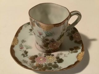 Vintage Demitasse Tea Cup & Saucer Set Hand Painted Flowers Gold Porcelain