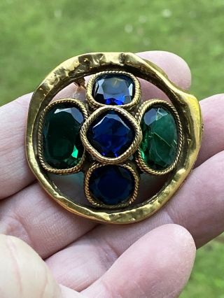 Vtg Signed Accessocraft Nyc Brooch Pin Deep Green Blue Faceted Stones,  Well Made
