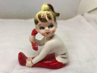Vintage Japan Ceramic Red & White Girl Telephone Figurine 3 1/2 " X 3 " Christmas