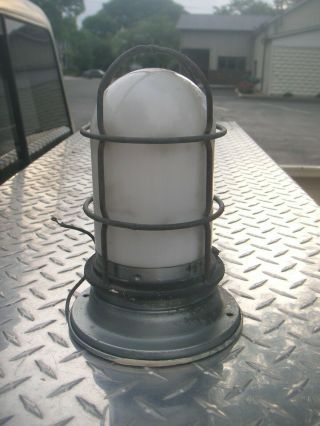 Vintage Industrial Explosion Proof Caged Light Fixture Opaque Glass