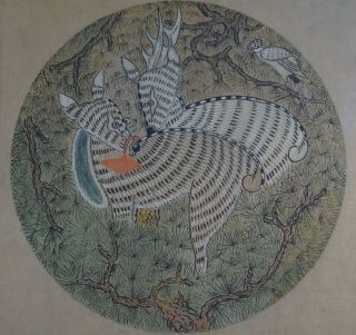 Fine Korean Minhwa Folk Hand Painting 2 Deers Longevity Symbol Framed