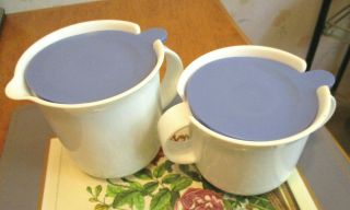 Vintage Tupperware White W/ Blue Lids Sugar & Creamer 2309a & 2310a