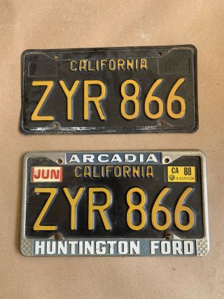 1969california License Plate Pair Ca Tag Black Plates Reg Zyr 866