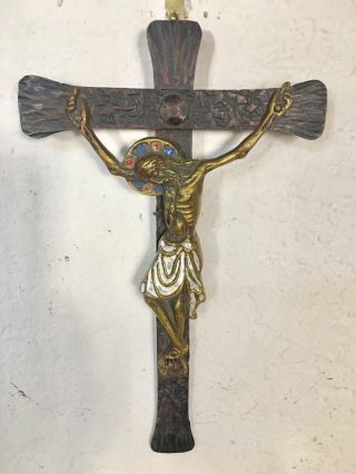 Antique Russian Bronze Enamel Crucifix