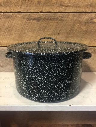 Vintage Enamel 9 1/2” Black With White Speckles Soup Pot With Lid