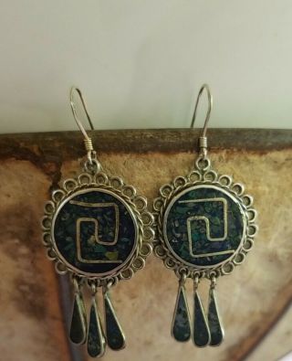 Vintage Green Blue Turquoise Inlay.  925 Sterling Silver Dangle Earrings Mexico