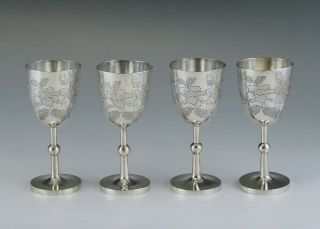 Set Of 4 Antique Hand Engraved Chinese Silver Cordial Knobstem Cups