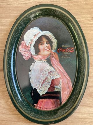 French Canadian Vintage Small 6 " Coca Cola Coke Lady Oval Metal Tip Tart