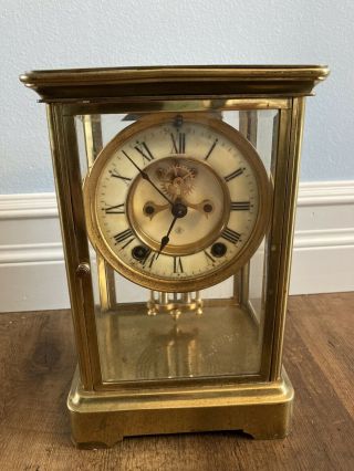 Antique Ansonia Brass Regulator Shelf Mantel Clock In Glass Case Early 1900s