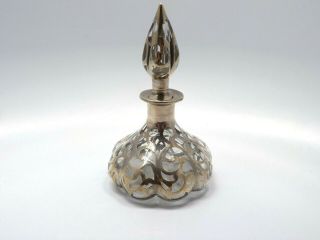 Antique Alvin Art Nouveau Sterling Silver Overlay Glass Perfume Bottle,  5 3/4 "