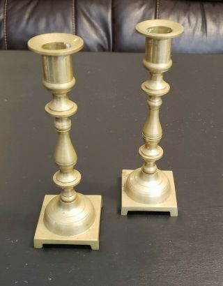2 Vintage Solid Brass Candle Holders Candlesticks Pair Square Base 7 1/2 " Tall