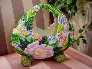 Antique? Vintage Majolica Basket Vase - Hand Painted Floral Japanese Style