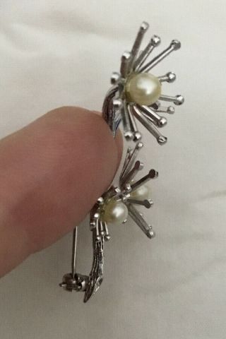 Vintage Beau Sterling Silver Pin Brooch Spider Mum Pearl Bead Centers Space Age 2