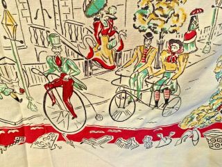Vintage 50s Linen Screen Print Tablecloth Old Bicycles Victorian Ladies 49 X 62