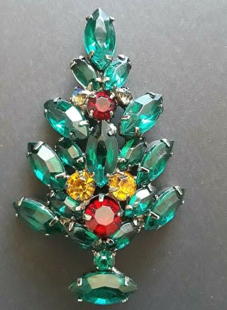 Vintage Silver Tone Rhinestone Christmas Tree Pin 2 - 3/4 " High