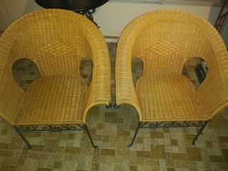 Vintage Wrought Iron Wicker And Rattan Roll Arm Armchairs