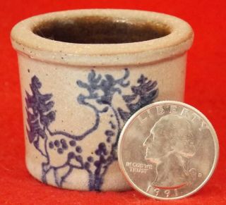 Vintage Handmade Miniature Stoneware Crock Cobalt Decoration Deer & Trees 1 3/8 "