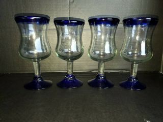 Set Of 4 Vintage Hand Blown Drinking Glasses With Cobalt Blue Rim & Base