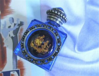 Vintage Hp Blue Glass Mini Perfume Scent Bottle From France Painted Button