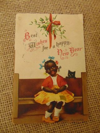 Vtg Black Americana Postcard Girl W/ Cat Year Ellen H.  Clapsaddle Vtg 1911