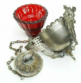 Antique Icons Lamp Lampada Fraget Brass Silvered & Red Glass 19th Century.