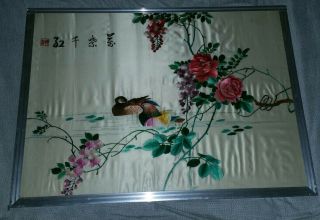 Vintage Large Chinese Silk Embroidery Panel Wild Duck/geese W/ Rose Hand Stich