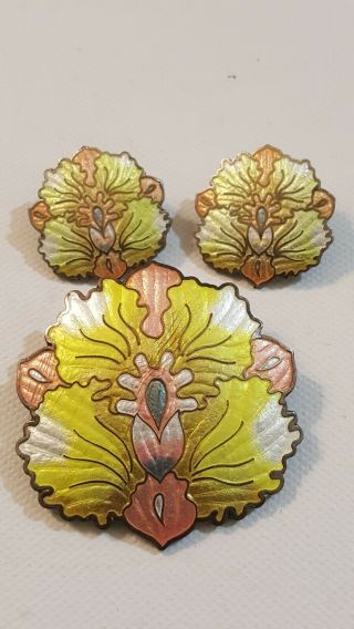 Vintage Cj Pastel Colored Orchid Floral Cloisonne Earrings & Pendant Enamel Set