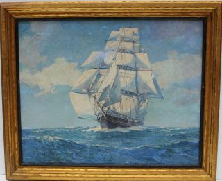 Antique Oil Painting On Canvas,  Seascape,  Sailing Ship In The High Sea,  Framed