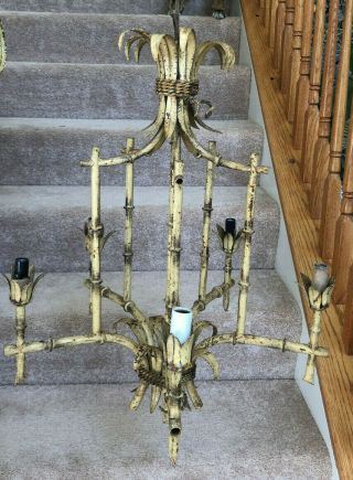 Vtg Faux Bamboo Tole Pagoda Style Metal Chandelier