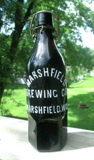 Antique Marshfield,  Wi Brewing Co.  Flip Top Embossed Brown Hexagon Beer Bottle