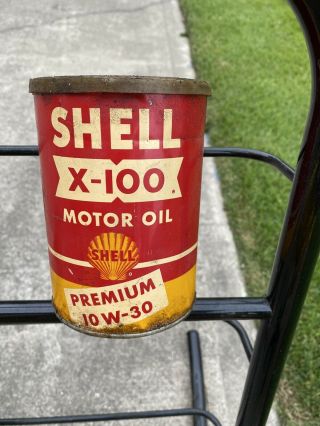 Vintage Red Shell X - 100 Metal Quart Round Motor Oil Can Opened Premium 10w 30