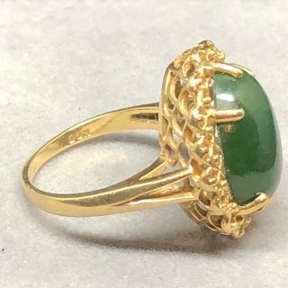14k Gold Vintage Large Spotted Jade Nephrite Green Stone Ring Antique Estate Old 2