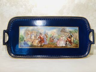 Antique Vtg Czech Royal Vienna Hand Painted Cobalt Blue Long Tray Beehive Signed