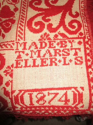 Antique Jacquard Coverlet Signed T Marst Eller L.  S Dated 1874 Beige And Orange
