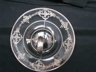 Vintage Clear Glass Handled Tidbit Tray W Sterling Silver (?) Overlay