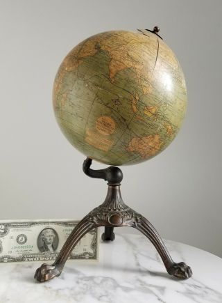 Antique Weber Costello 8 " Terrestrial Globe - Ornate Cast Iron Stand - As Found