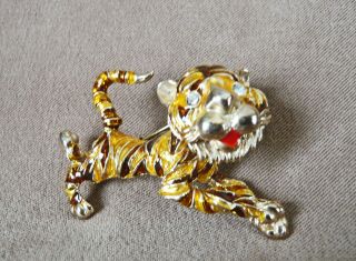Vintage Signed Enameled Goldtone Tiger Pin