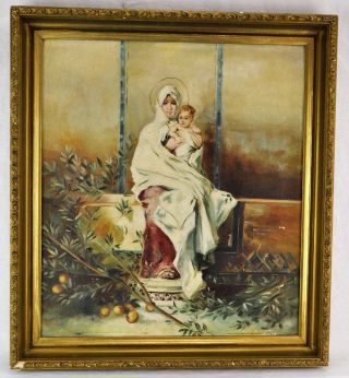 Antique " Madonna And Child " Religious Oil On Canvas 18 " X 16 ".  (bi МК/171125)