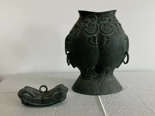 Antique Vintage Chinese Bronze Large Wine Vessel Hu / Vase / Urn with Lid 2