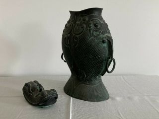 Antique Vintage Chinese Bronze Large Wine Vessel Hu / Vase / Urn with Lid 3