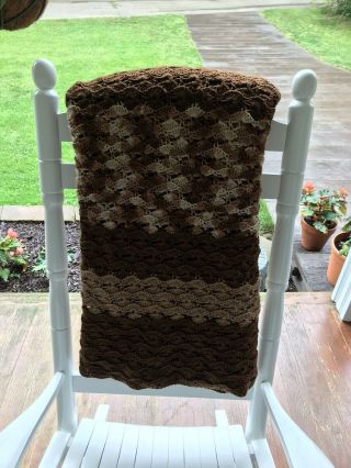 Vintage Crocheted Afghan Blanket Multi Brown Tan Cream 73” X 52” Made By Grandma