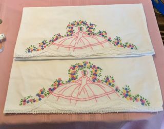 Vintage Pair Pillowcases Embroidered Crocheted Southern Belle Pink Purple Blue
