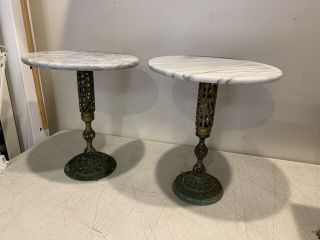 Set Of 2 Brass And Marble Top End Table Pedestal Plant Stand 18 " Tall 15” Wide