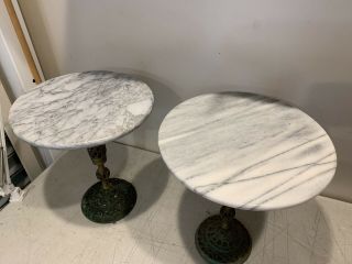 Set Of 2 Brass and Marble Top End Table Pedestal Plant Stand 18 