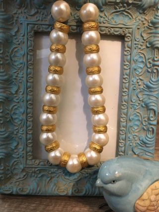 Vintage Anne Klein Chunky Faux Pearl Gold Ring Statement Necklace 20 "