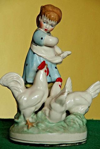 Vintage Porcelain Figurine Girl Feeding Chickens,  Minsk Porcelain Factory,  Ussr