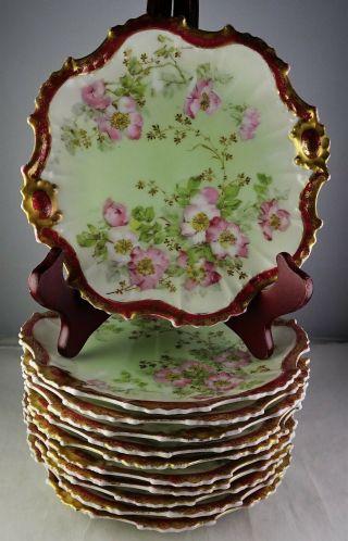 11 Antique Coronet Limoges Floral Burgundy & Gold Porcelain Side Plates