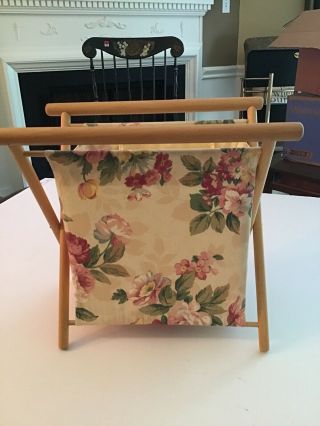 Vintage Floral Sewing Basket Folding Knitting Bag Fabric Wood Yarn